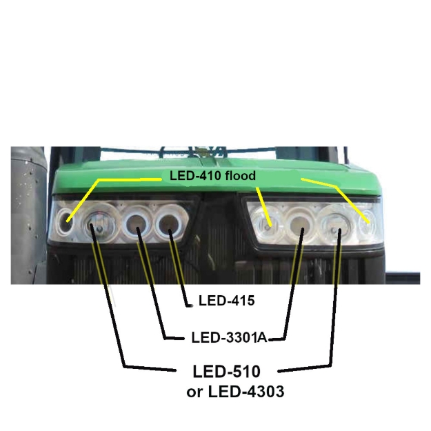 Picture of Larsen LED headlight selection guide for JD 9xxxR series tractors.